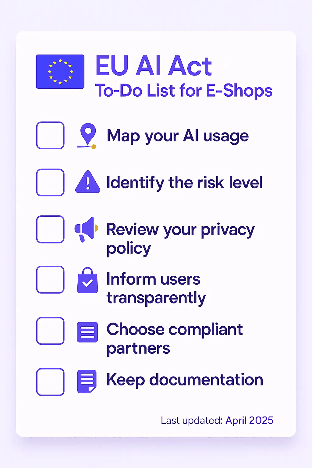 A modern checklist titled “EU AI Act To-Do List for E-Shops” featuring six compliance steps with minimalist icons and a purple-blue color palette.