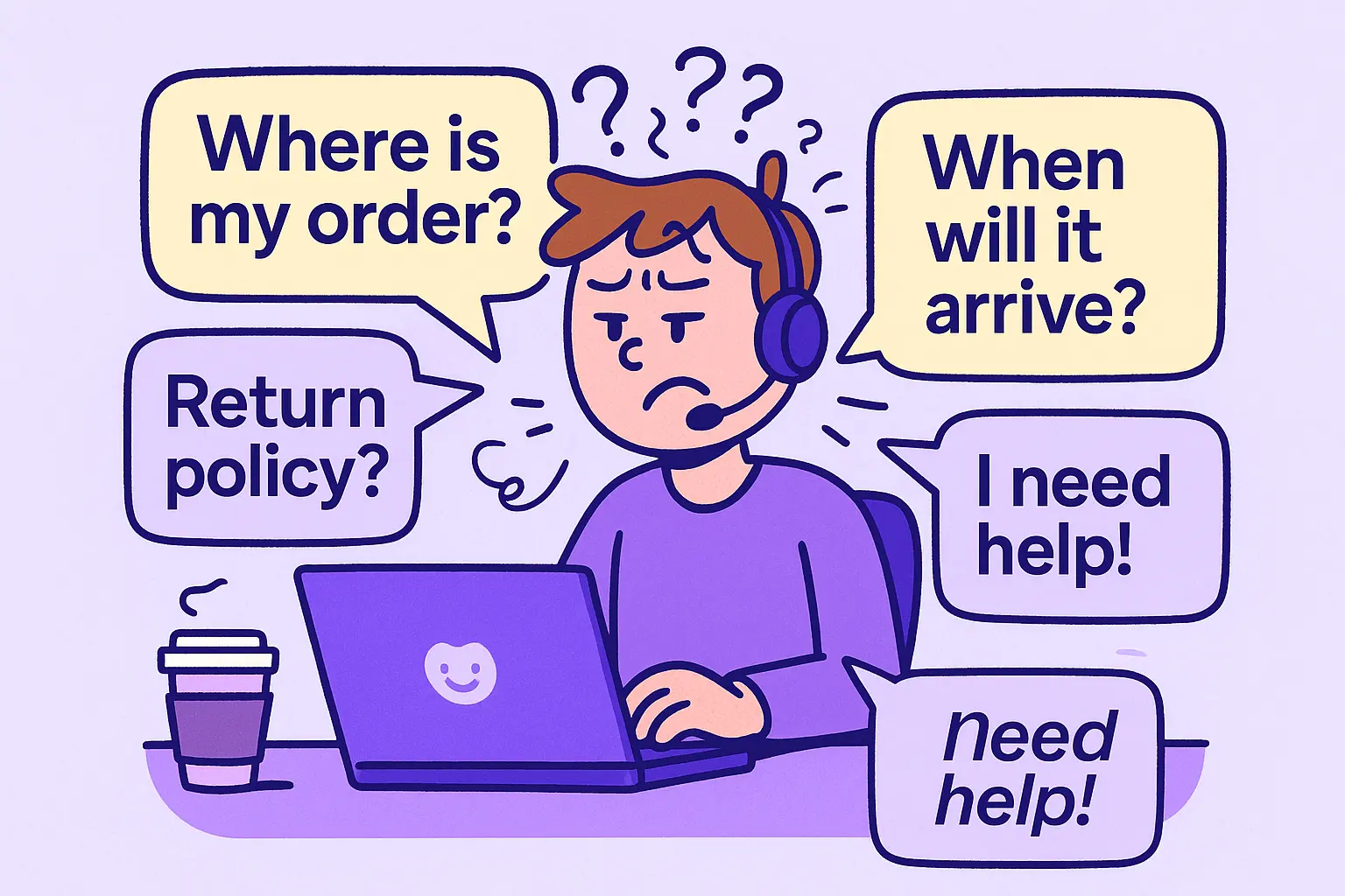 Frustrated customer support agent at a laptop surrounded by repetitive questions like “Where is my order?” and “Return policy?”