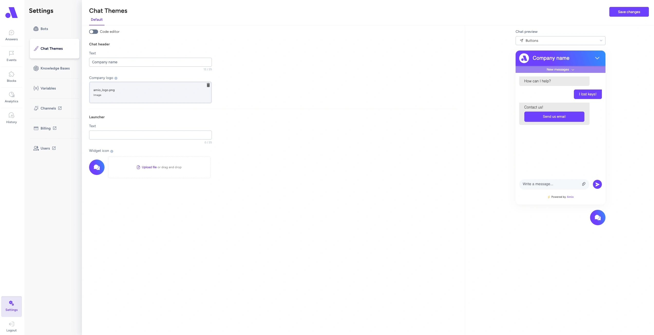 AMIO chatbot visual editor for customizing chatbot appearance without coding