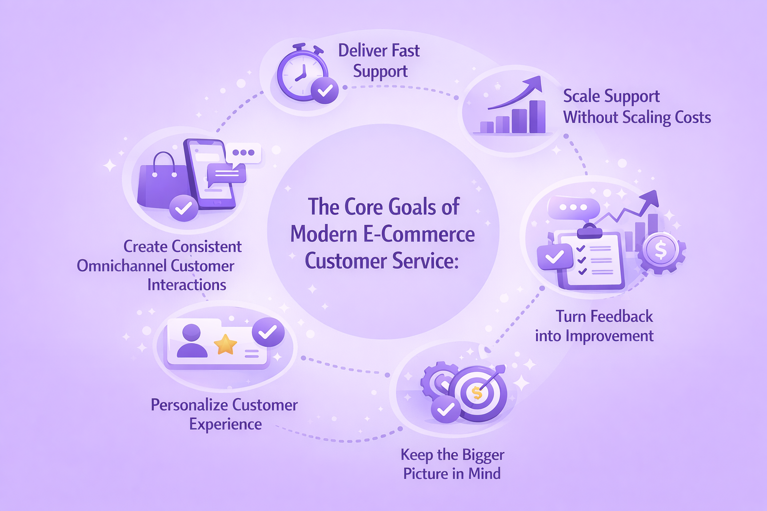 Core goals of modern e-commerce customer service, including fast support, consistent omnichannel service, personalization, feedback, and scalable support