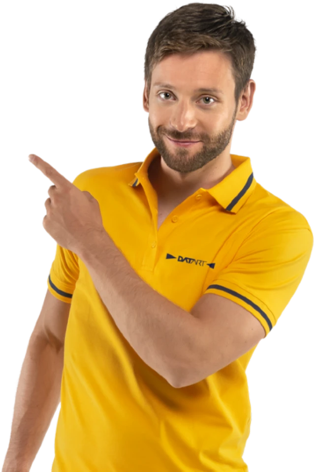 Young man with yellow Datart polo shirt pointing diagonally upwards to the left side.
